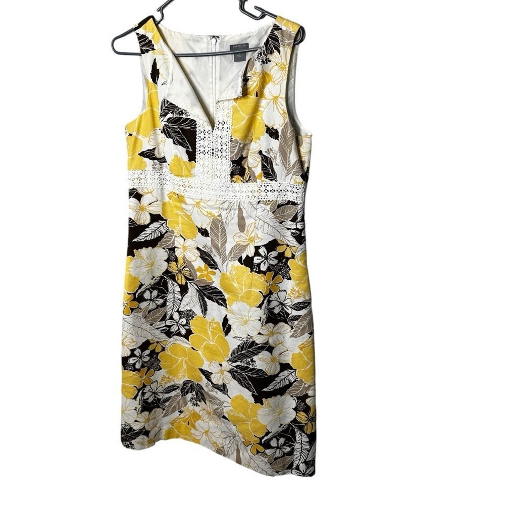 Ann Taylor yellow/white/brown Hibiscus flower pattern sleeveless dress size 10